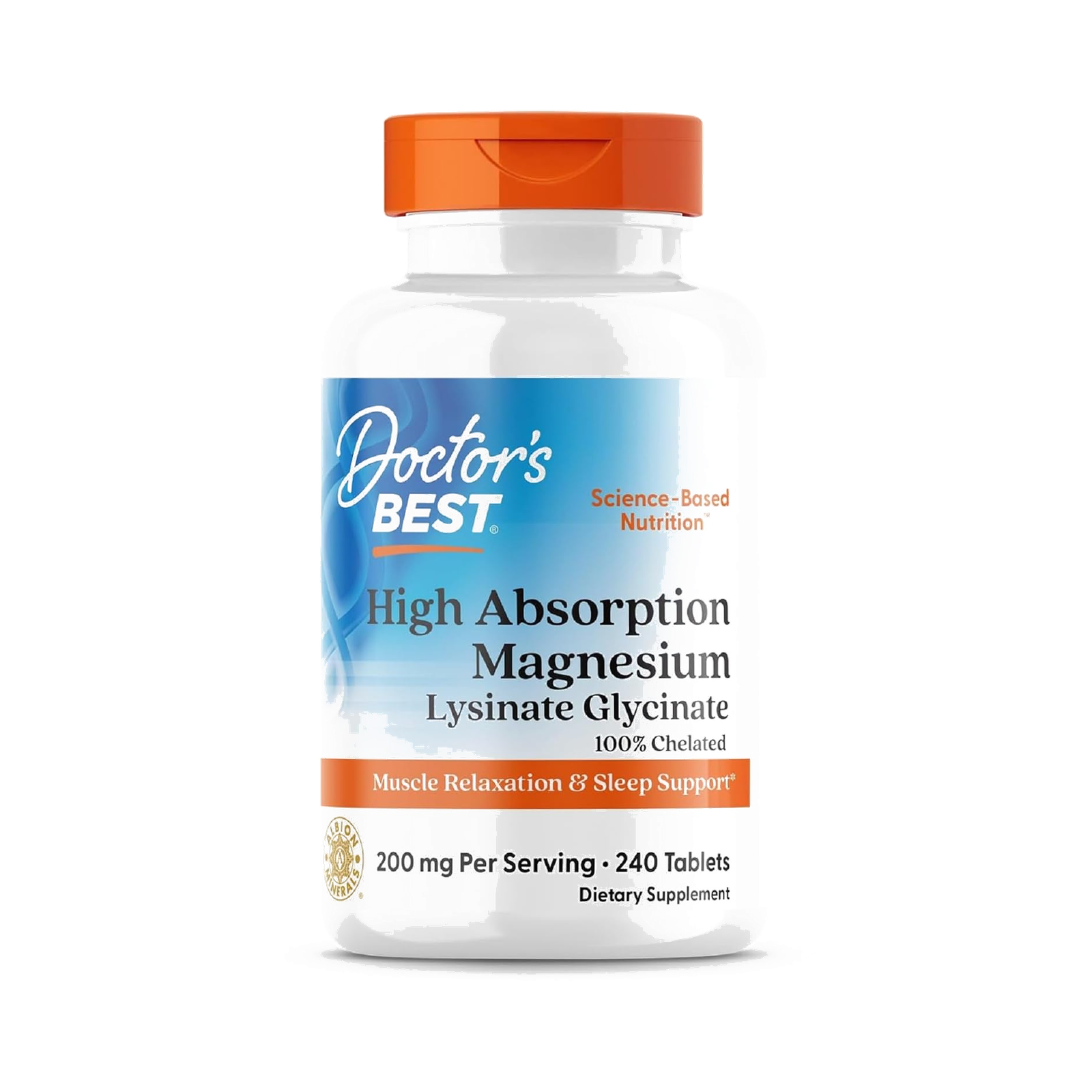 Doctor's Best High Absorption Magnesium Glycinate Lysinate Supplement for Sleep Support - Chelated Magnesium Tablets for Women & Men, 200mg per Serving, Supports Calm & Relaxation, Vegan - 240 Count