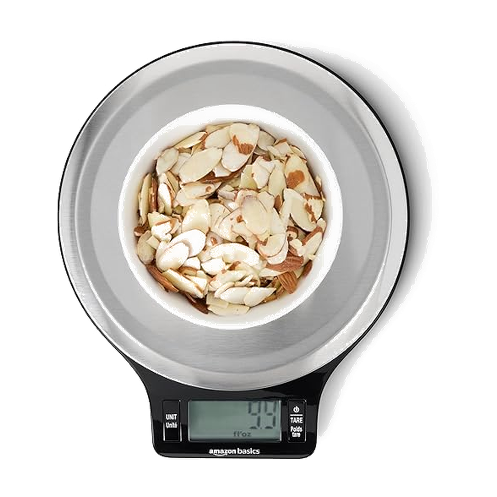 Amazon Basics Digital Kitchen Scale with LCD Display, Tare Function, Multiple Units, Weighs up to 11 Pounds, Batteries Included, Black and Stainless Steel