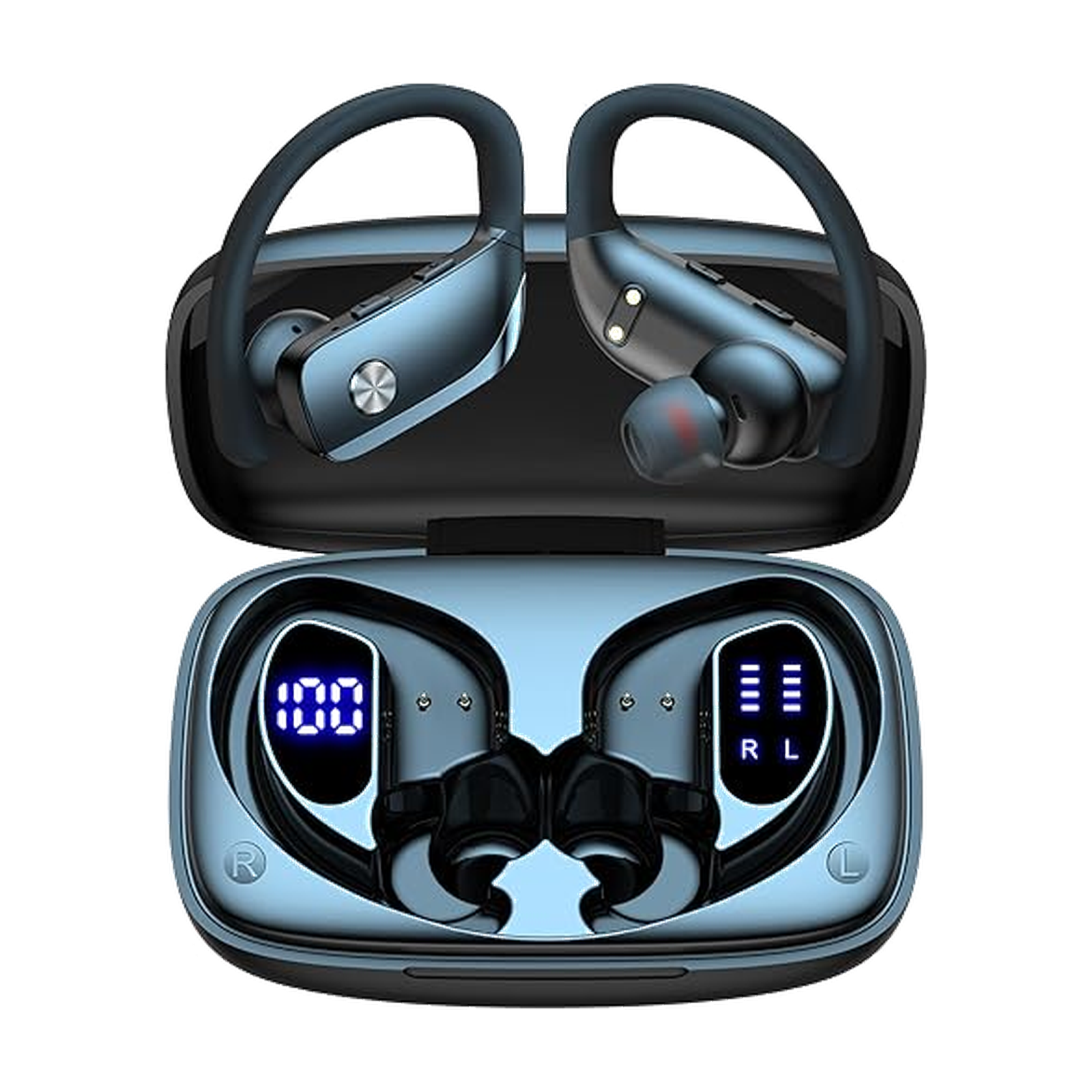 bmani Ear Buds Wireless Earbuds Bluetooth Headphones with 80H Playtime LED Display Case, Over-Ear Hook with Mic, Stereo Sound, Easy Button Controls, Sports Earphones for Running Workout Gym Black