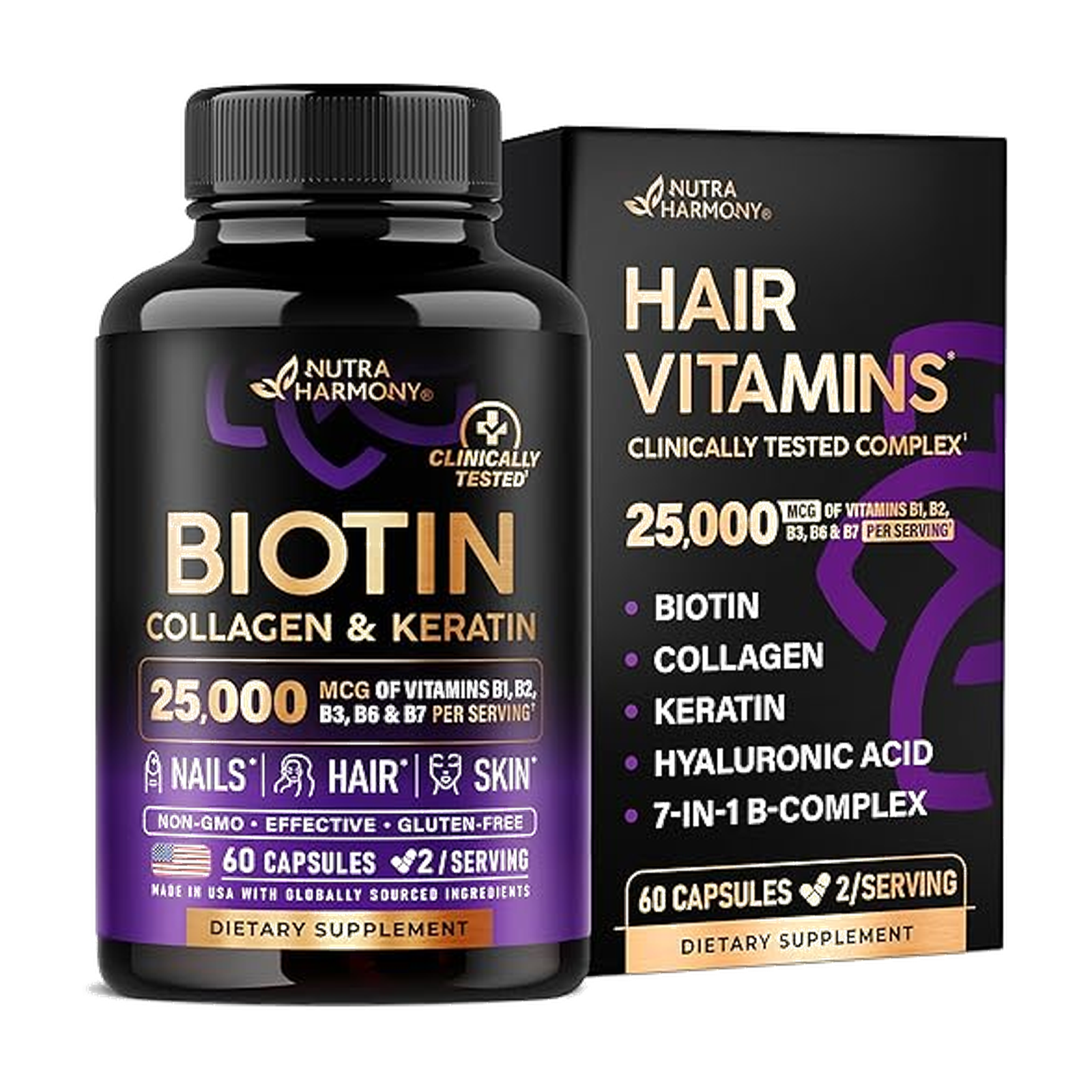 NUTRAHARMONY Biotin | Collagen | Hyaluronic Acid | Keratin - Support Normal Hair Growth Cycle - Skin & Nails…