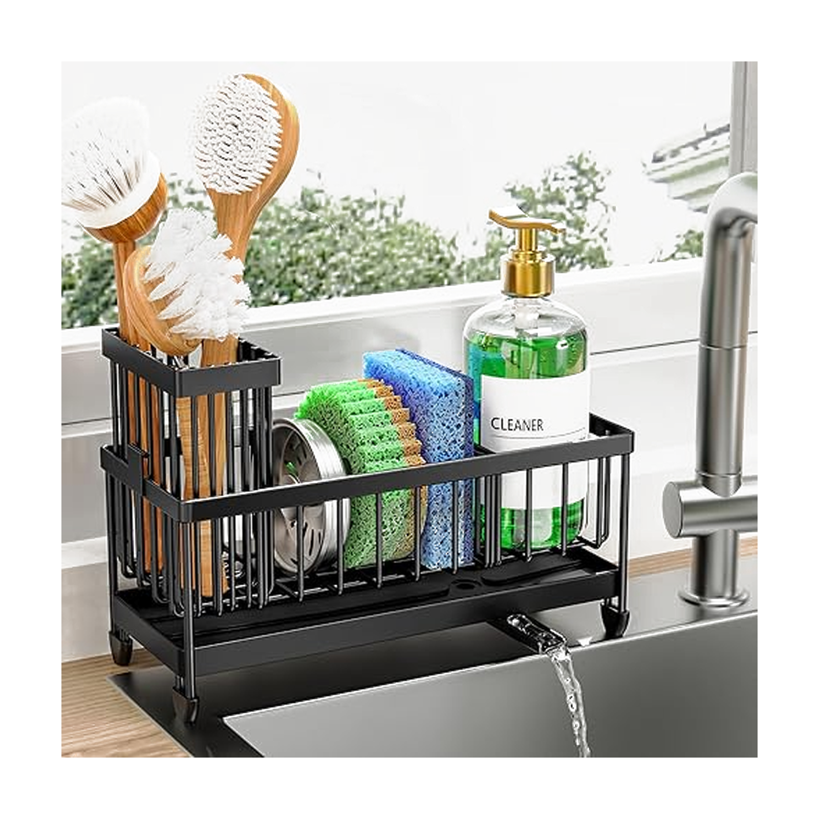 Cisily Sponge Holder for Kitchen Sink, Sink Caddy Organizer with High Brush Holder, Kitchen Countertop Organizers and Storage Essentials, Rustproof 304 Stainless Steel (Black, 9.25″)