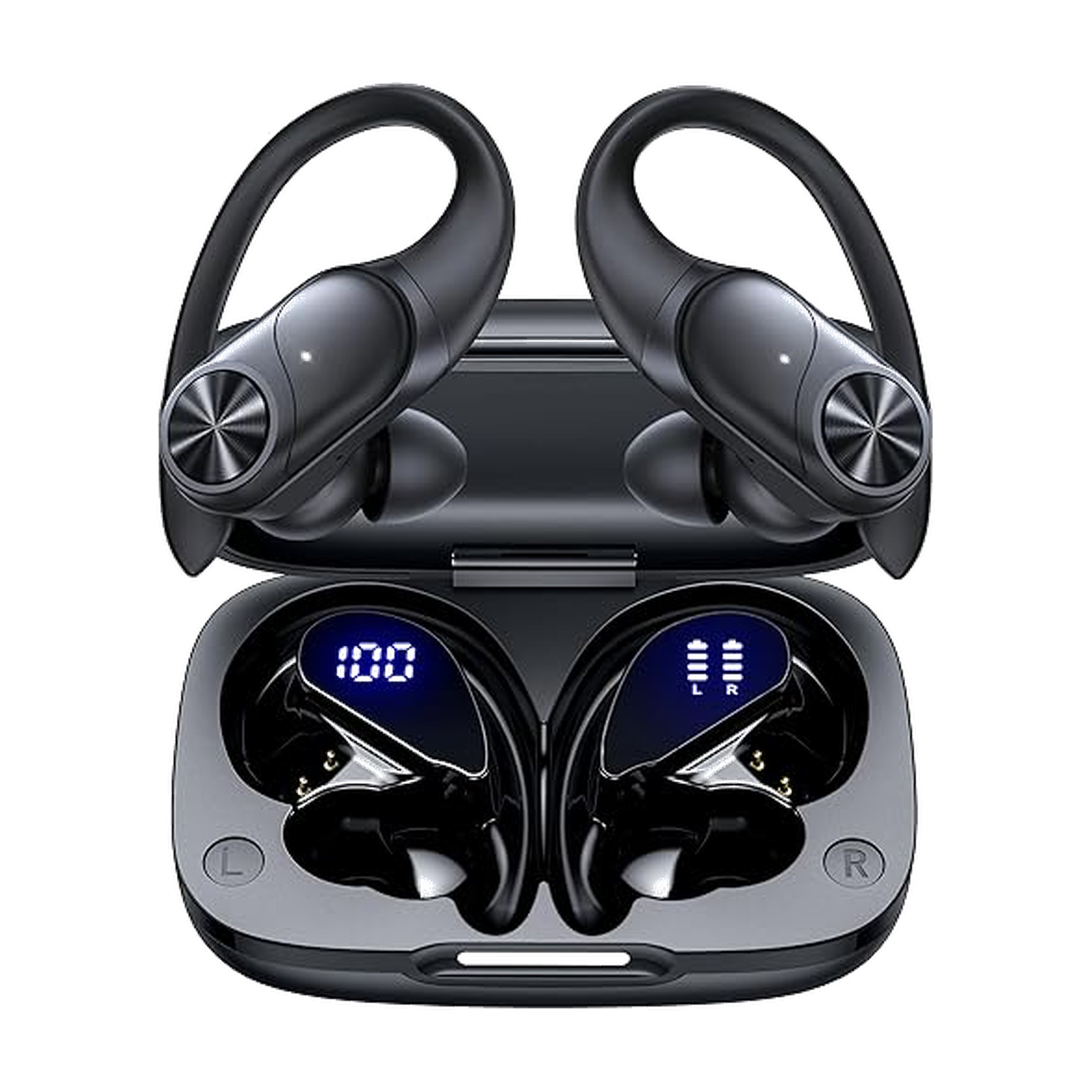 PocBuds Bluetooth Headphones Wireless Earbuds 80hrs Playtime Wireless Charging Case Digital Display Sports Ear Buds with Earhook Deep Bass IPX7 Waterproof Over-Ear Earphones for TV Phone Laptop Black