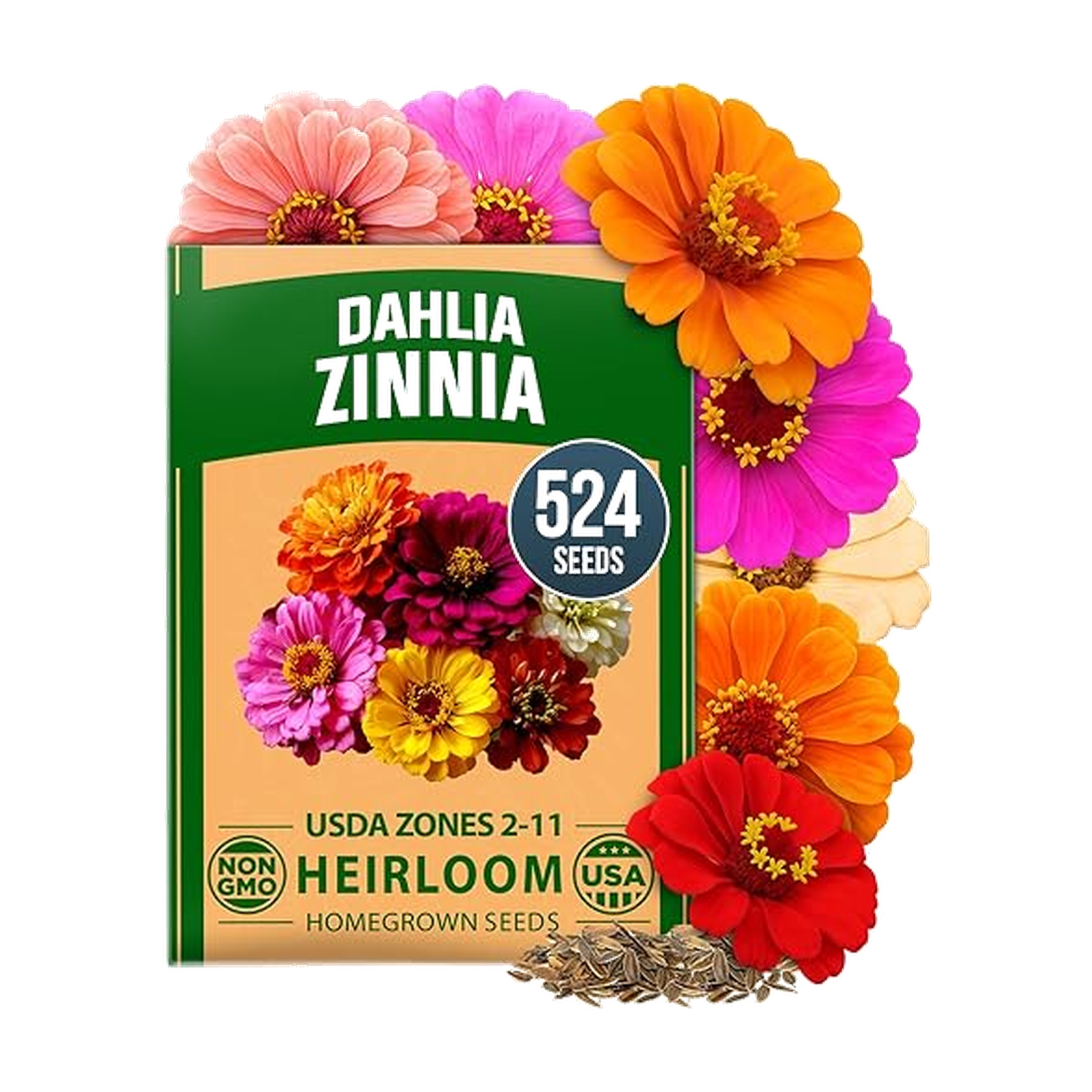 HOME GROWN Zinnia Dahlia Seeds Pack for 2026 Non GMO 524 Flower Seeds | Vibrant Zinnia Elegans for Pollinator…