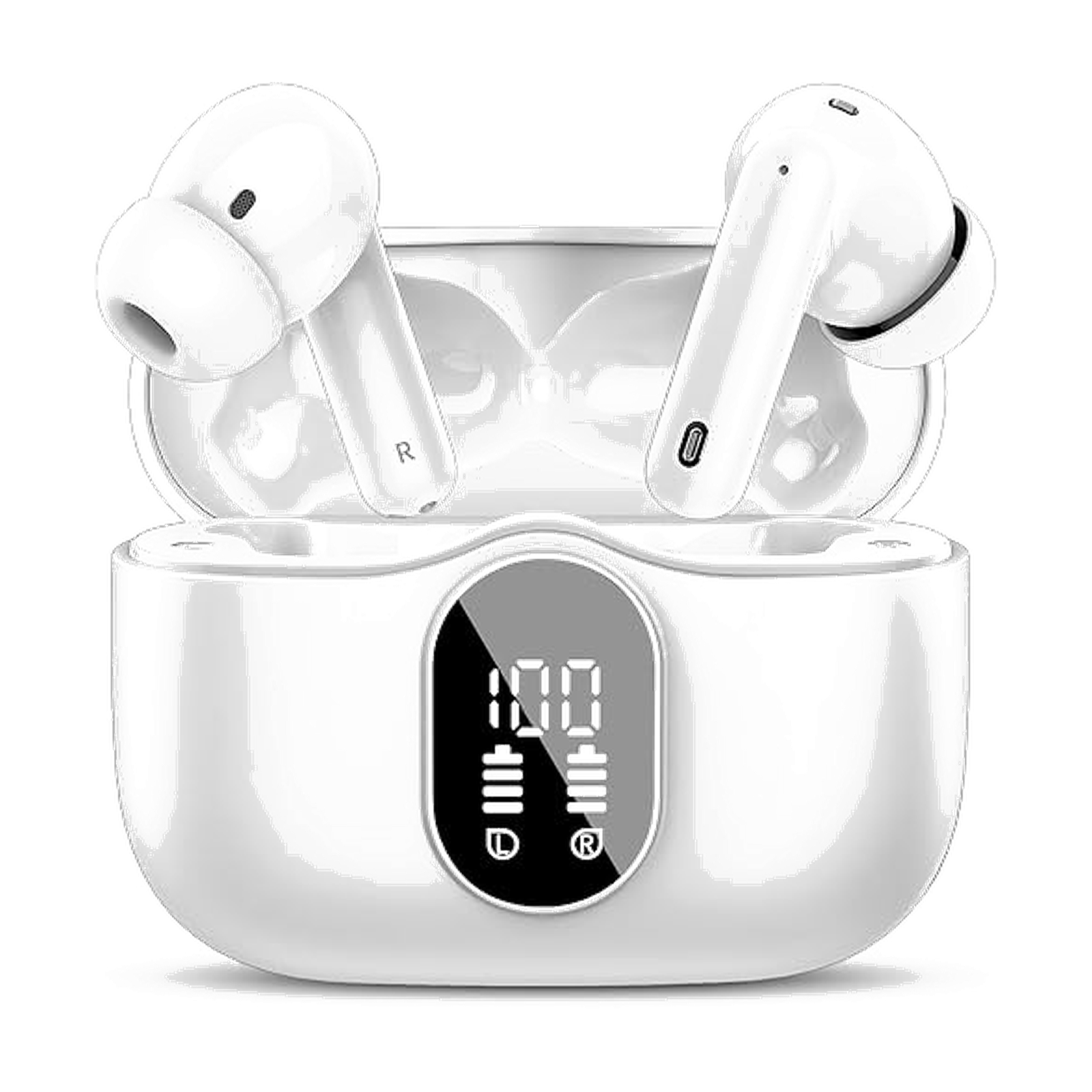 Wireless Earbuds, Bluetooth 5.4 Headphones Bass Stereo, Ear Buds with Noise Cancelling Mic, LED Display in Ear Earphones Clear Calls, IP7 Waterproof Bluetooth Earbuds for Phones/Sports/Laptop, White